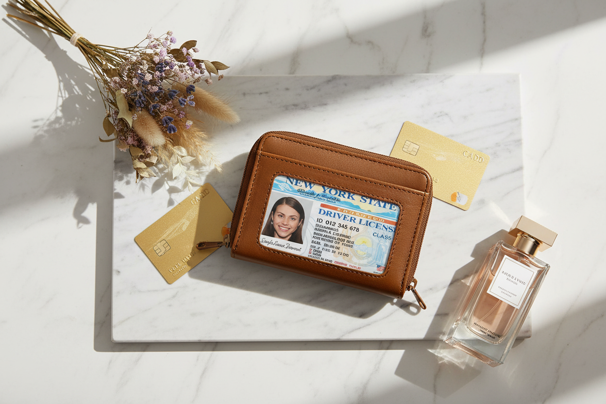Flat-lay portefeuille cuir